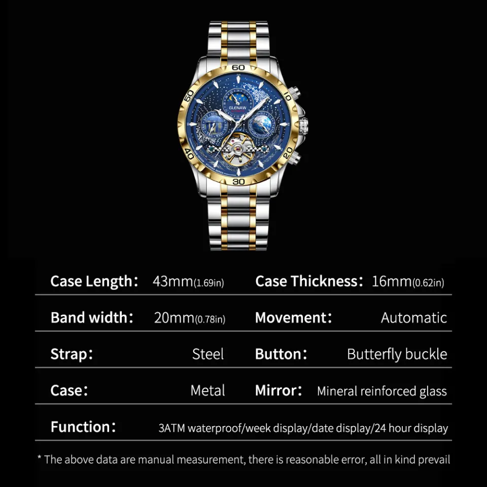 GLENAW Orologio Automatico Uomo Quadrato – Scheletro Acciaio 304L, Impermeabile 3 ATM, Vetro Minerale - 2