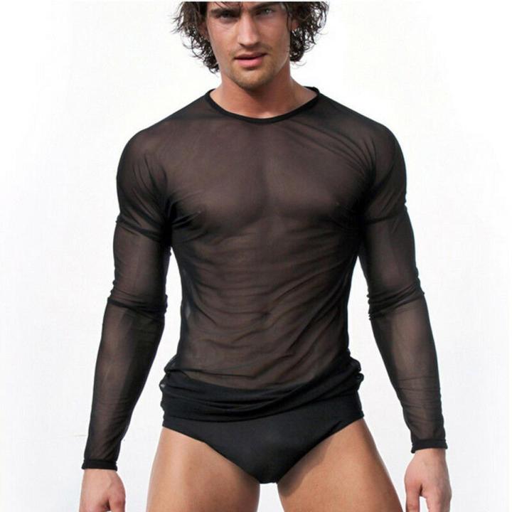 Hirigin Mens Undershirt Gay clothing Nylon Mesh Shirt See Through Sheer Long Sleeves T Shirts transparent shirt Underwear