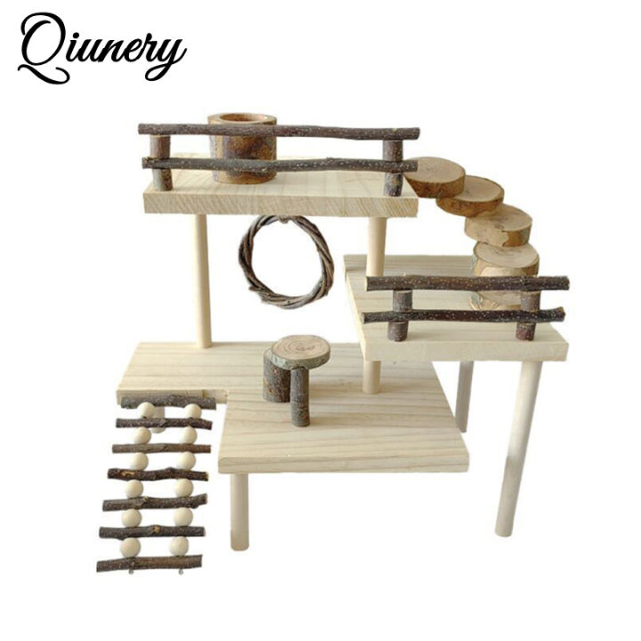 Qiunery Wooden Hamster Platform With Fence, Climbing Ladder 3-Tier Handmade Guinea Pig Playground, Small Animals Exercise Activity Toy For Parrot, Gerbil, Squirrel