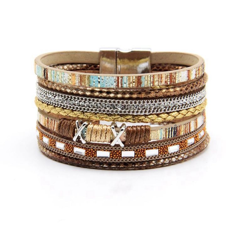 Boho Ethnic Style Magnetic Buckle Clasp Handmade Braided PU Leather Wrap Bracelet Jewelry For Women