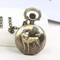 Zodiac large watch, stylish creative embossed vintage bronze pocket watch with chain flap, small quartz watch.