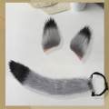 Fox Ears Tail Cosplay Props Set, Hair Clip Ears Adjustable Tail Size Imitation Fox Costumes for Carnival Costume Party Girls , Gray Black.