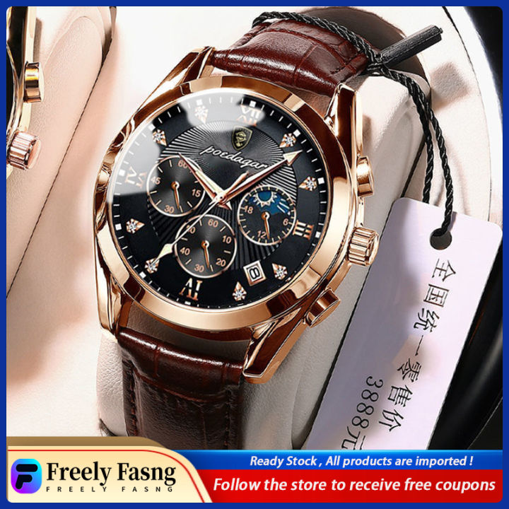 Freely Fasng POEDAGAR Men's Watch Waterproof Calendar Luminous Men's Watch Korean Fashion Trend Wrist Watch Leather Strap Fashion Men's Watch