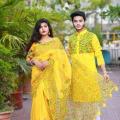 Stylish Matching Couple Dress - Saree & Panjabi Combo Set - Fashionable Ethnic Wear for All Occasions. 