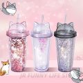 420ml Cat Ear Water Bottle For Girls with Sequins BPA FREE Double wall Tumbler with straw reusable Smoothie Cup DrinkwareBasketball. 