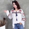 New Spring Autumn Fashion Ethnic V Neck Viscose Floral Embroidery Blouse Women Long Sleeve Pullover Shirts Blouses Tops. 