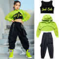 Jazz costume hip hop girls clothing green tops net sleeve black hip hop pants for kids performance modern dancing clothes bl5311.