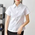 Spring and Summer New Women's White Shirt Twill Short-Sleeved Business Wear Tooling Waist-Tight Cotton OfficeolLong Sleeve Interview Formal Wear. 