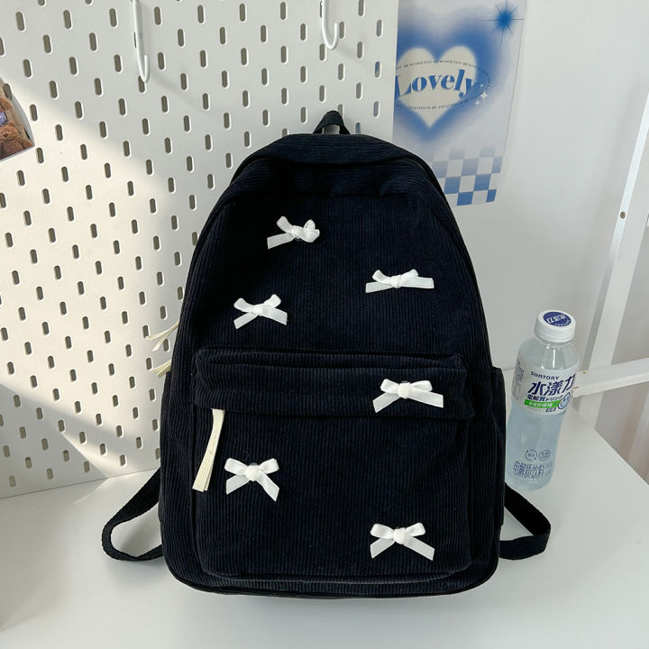 Cute Bowknot Aesthetic Backpack Black Corduroy School Bag for