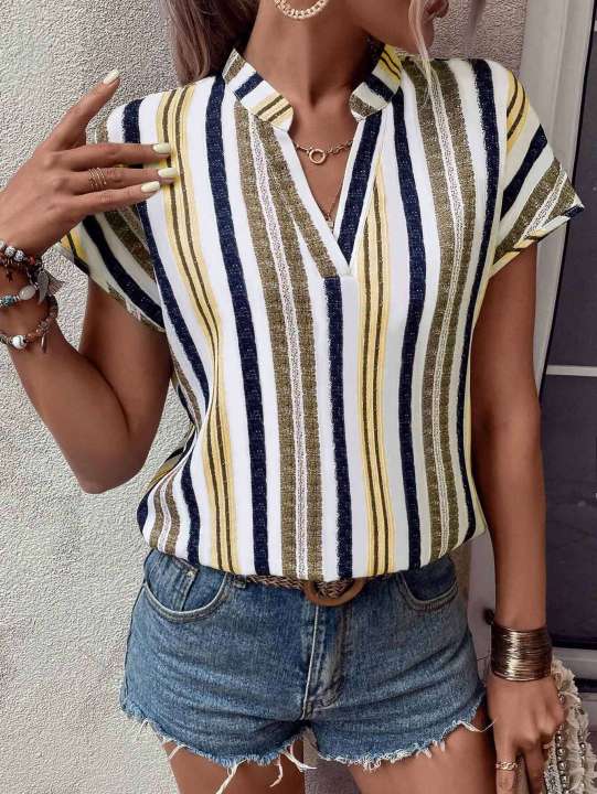 Europe%20and%20the%20United%20States%20women's%20summer%20multi-colored%20striped%20casual%20shirt%20V-neck%20short%20sleeve%20-%20Image%206