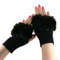 Fashion Women Faux Rabbit Fur Fingerless Gloves with Sheep Wool Decorations, Warm, Soft, Elastic, Wrist Length, Black.