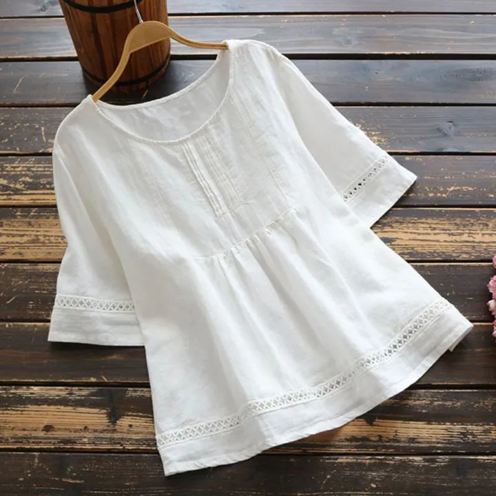 Sleeve%20Spliced%20Hollow%20Out%20Tops%20Blouse%20Round%20Neck%20Loose%20Ladies%20Retro%20Casual%20Petticoat%20Solid%20Color%20Cotton%20Linen%20Top%20Half%20Sleeve%20Round%20Neck%20Stitched%20Shirt%20Hollow%20Top%20Women%20Shirt%20Half%20-%20Image%204