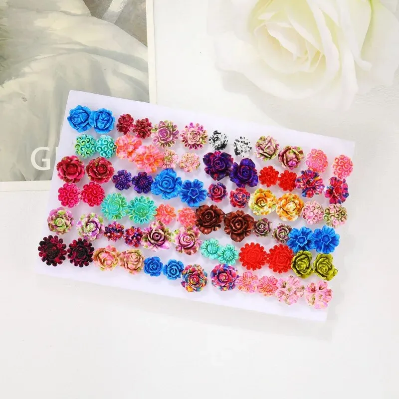 36 Pairs/set Resin Sweet Flower Stud Earrings Set Ear Studs Set Girls Rose  Flower Earring Set Mix Earrings for Women Jewelry