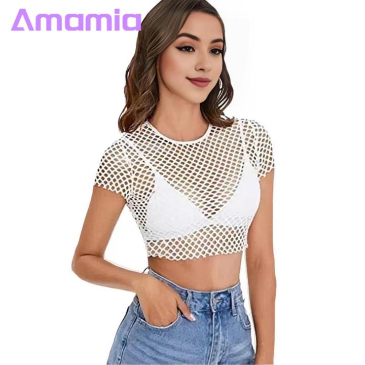 Women%20Cropped%20Tops%20Stylish%20Ser%20Mesh%20Crop%20Top%20O-neck%20Short%20Sleeve%20Slim%20Fit%20Tee%20Shirt%20for%20Fashionistas%20See-through%20Mesh%20Crop%20Top%20-%20Image%205