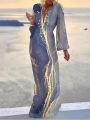2023 Cover Up Women Bohemian Maxi Long Kimono Tunic Cape Beach Dress Fashion Vintage Sequin Sleeve Cardigan Holiday Party Gold. 