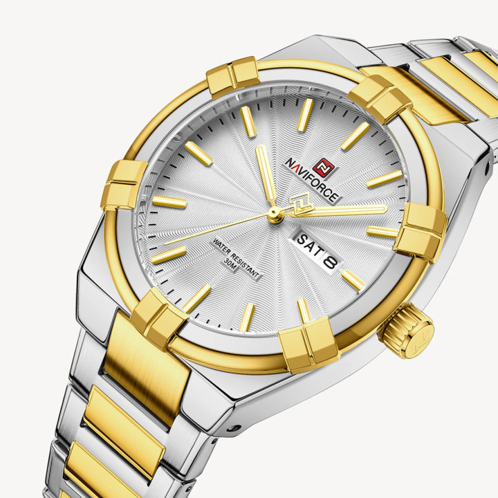 NAVIFORCE NF9218 Silver And Golden Two-tone Stainless Steel Analog Watch  For Men White Golden