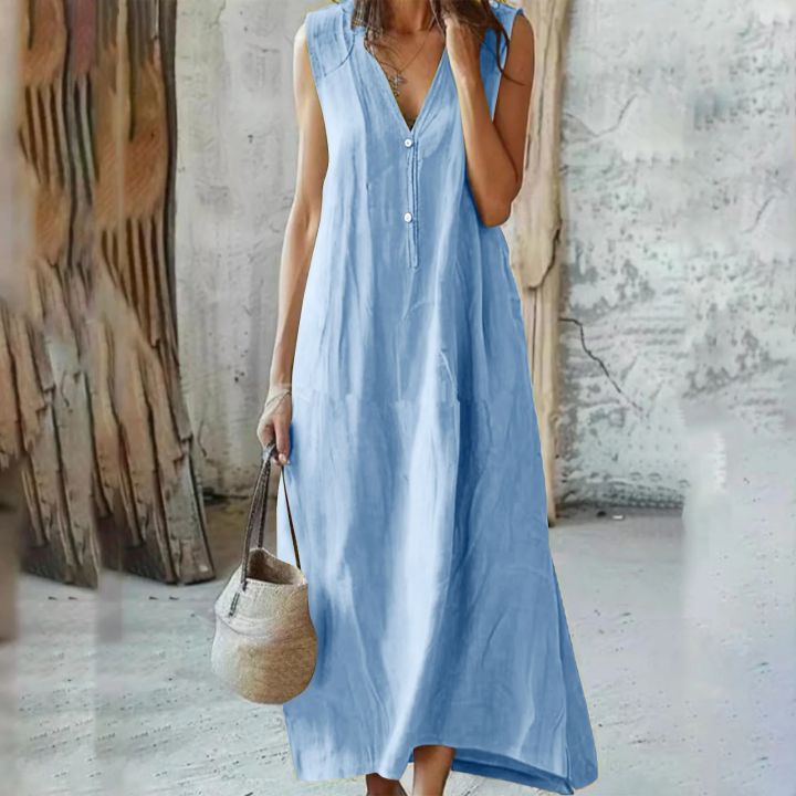 Women%E2%80%99s%20Cotton%20Linen%20Summer%20Sleeveless%20Dress%20with%20Chic%20Design%20-%20Image%206