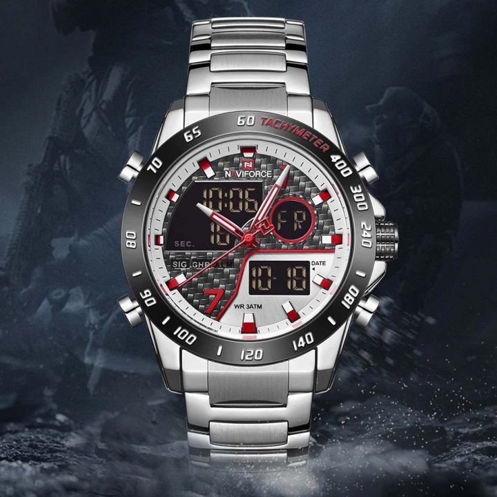 NAVIFORCE NF9171 Silver Stainless Steel Dual Wrist Watch For Men - Black & Silver