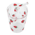 Heat-Resisting Clear Strawberry Pattern Coffee Juice Drinking Water Glass Cup with Straw Lid. 