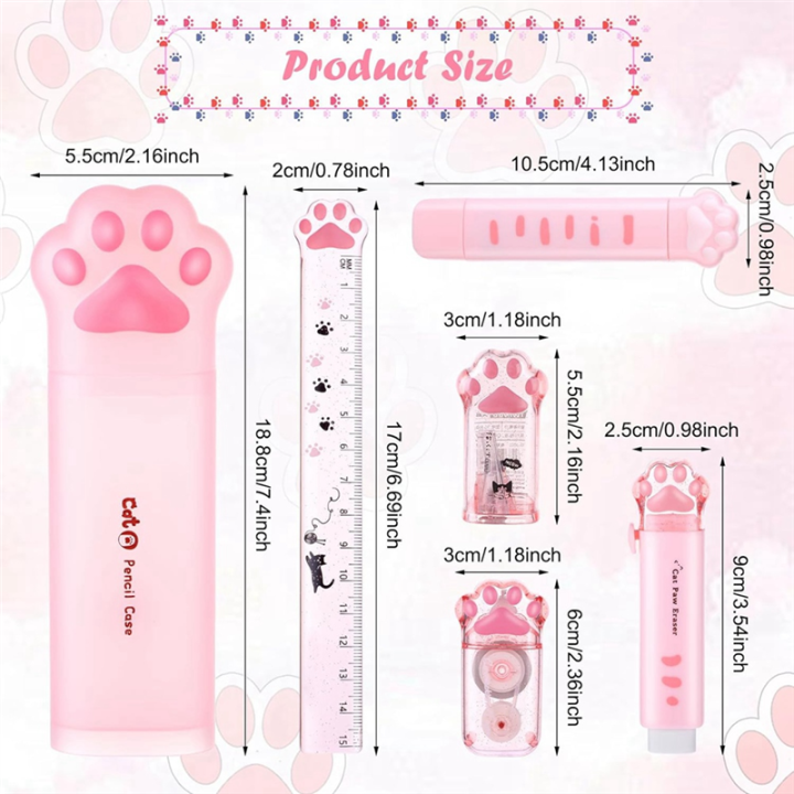 Cute%20Cat%20Stationery%20Set,%206%20Pcs%20Kawaii%20Cat%20Stationary%20Kit%20Pencil%20Sharpener%20Retractable%20Eraser%20Correction%20Tape%20Ruler%20Durable%20Pink%20-%20Image%202