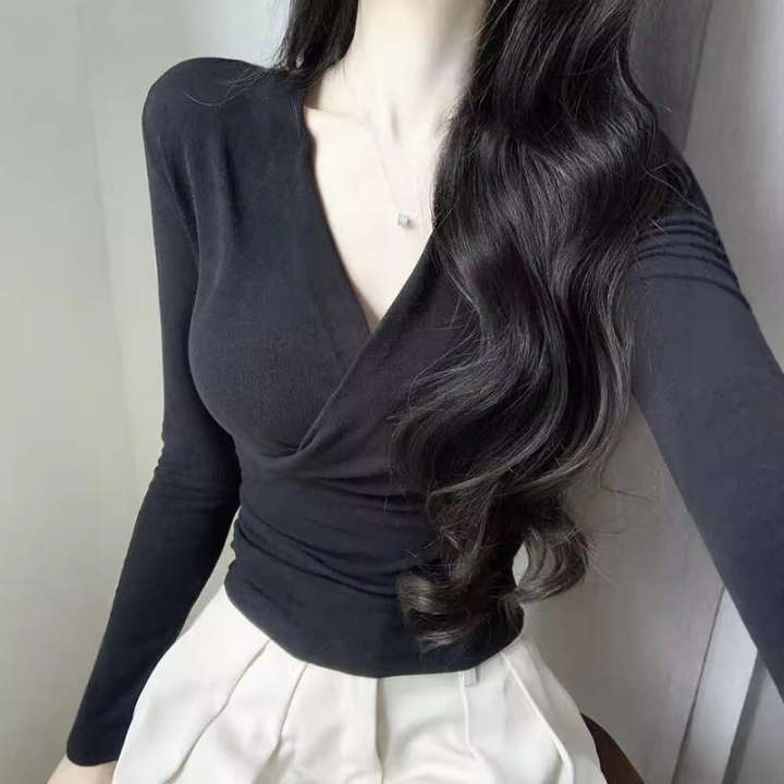 Design sense pinch waist V neck cross long sleeved T shirt for women's spring and summer slim fit inner layer thin base shirt spicy girl pure desire top