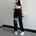 Black Lace Up Ripped High Waisted Jeans Korean Fashion Vibe Style Denim Trousers Streetwear Y2k Jeans Women Baggy Wide Leg Pants. 