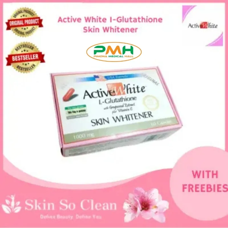 Active White L-Glutathione 1000mg - Skin Whitener with Grapeseed Extract &  Vitamin C (60 Capsules)