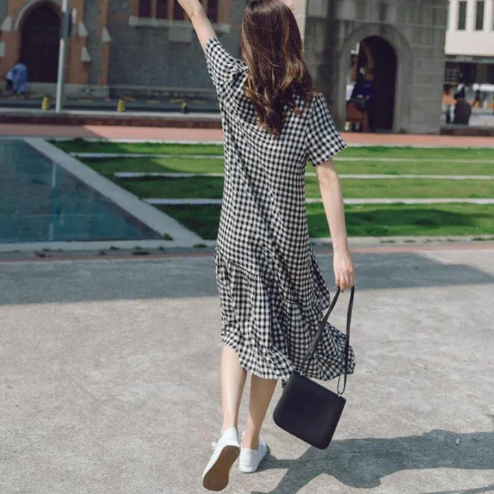 ZANZEA%20Korean%20Style%20Womens%20Summer%20Casual%20Loose%20Short%20Sleeve%20Patchwork%20Check%20Plaid%20Midi%20Dress%20-%20Image%205