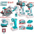 TOTAL 5 in 1 Combo Set with Circular Saw(140mm) + Compact Drill(66nm) + Impact Driver(285nm) + Lamp + Sander, Model: TOSLI241081  - Kings Trading. 