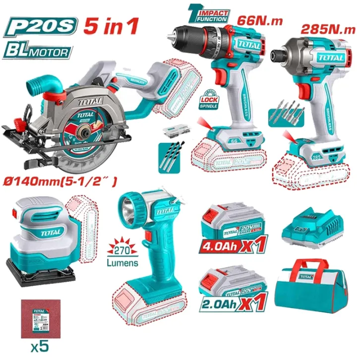 TOTAL%205%20in%201%20Combo%20Set%20with%20Circular%20Saw(140mm)%20+%20Compact%20Drill(66nm)%20+%20Impact%20Driver(285nm)%20+%20Lamp%20+%20Sander,%20Model:%20TOSLI241081%20%20-%20Kings%20Trading%20-%20Image%203