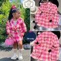 Spring Autumn Girls Blazer Baby Coat Teenage Suit Jacket Kids Blazer Children Clothes Pink Check Pocket Button 3-14Y. 