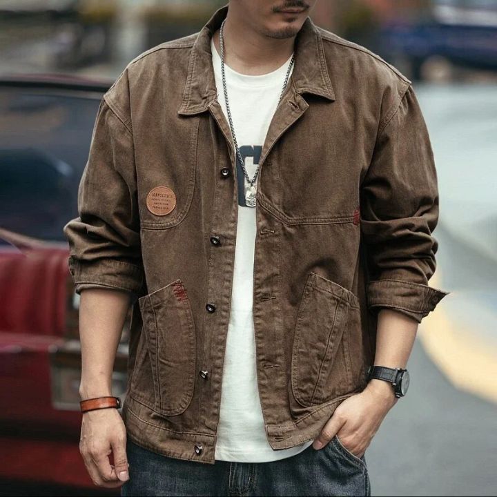 Jeans Coat for Men Wide Sleeves Vintage Brown Denim Jackets Man Autumn Cargo G Casual Winter Outerwear Washed Fast Delvery 2023