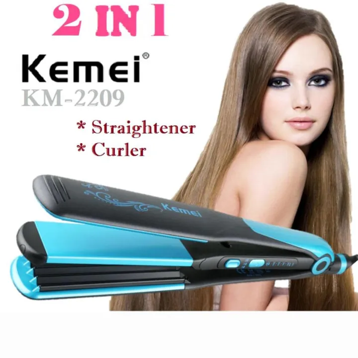 KM-2209 Brand 110-240V kemei hair straightener professional 2 in 1 ionic straightening iron & curler styling tool curling irons