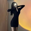 【Stepmother Dress】Spring and Autumn Black Dress Hepburn Style Women's Summer Elegant Knitted Zipper Stretch Slim-Fit Sheath Dress. 