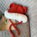 Winter Ushanka Women's Red Cute Bear Ears Plush Thickened Braid Knitted Hat Ear Protection Woolen Yarn Bag Cap. 