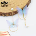 Sweet Women Butterfly Gauze Circle Faux Pearl CZ Long Dangle Asymmetric Earrings. 