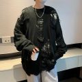 Solid Color Sweater Ripped Hole Sweater Streetwear Men's Sweater Hop Style Ripped Two-piece Design Knitted Round Neck Soft Warm.