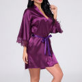 Women Night Gown Robe Lace Bathrobe Halt Sleeve Nightdress Female French Silky Satin Solid Color Sleepwear With Belt. 
