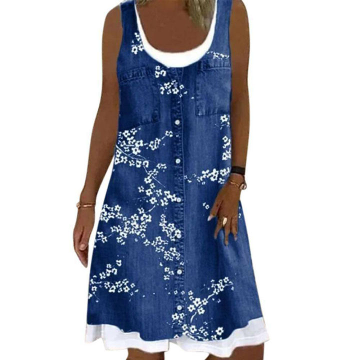 Midi%20Dress%20Ladies%20Shirt%20Dresses%20Plus%20Size%20Womens%20%20Two%20Piece%20Denim%20Print%20Casual%20Dress%20Sleeveless%20-%20Image%203