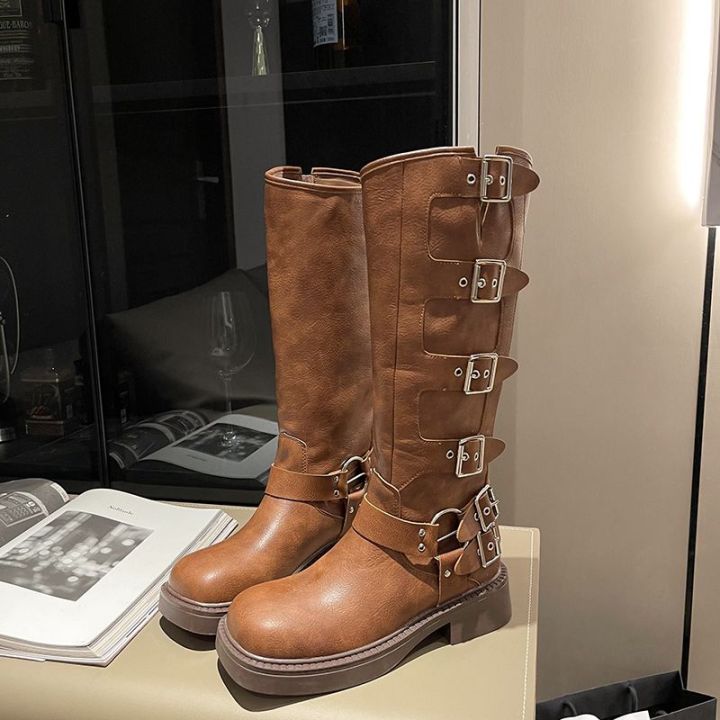 miu*Model%20Style%20Belt%20Buckle%20Chunky%20Heel%20Martin%20Boots%20Women's%20Spring/Summer%20Leather%20Retro%20below%20the%20Knee%20Boots%20Western%20Boots%20-%20Image%209