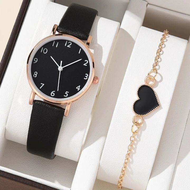 2pcs Set New Watch Women Fashion Casual Leather Belt Watches Simple Ladies Round Dial Quartz Wristwatches Dress Clock