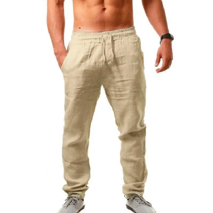 Men's%20Cotton%20Linen%20Pants%20Summer%20Solid%20Color%20Breathable%20Linen%20Trousers%20Male%20Casual%20Elastic%20Waist%20Fitness%20Pants%20-Hop%20Streetwear%20-%20Image%204