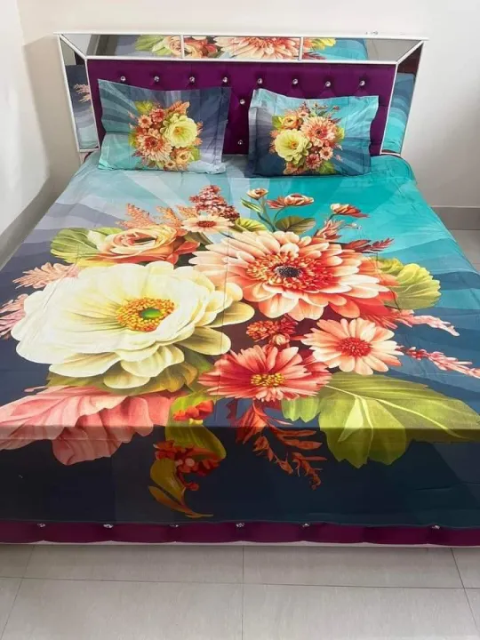 New%20Single%20Flower%20Double%20Size%20Panel%20Bed%20Sheet%20With%20Two%20Matching%20Design%20Pillow%20Covers%20For%20Big%20Bed%20Size%207.5%C3%978.5%20Feet%20-%20Image%202