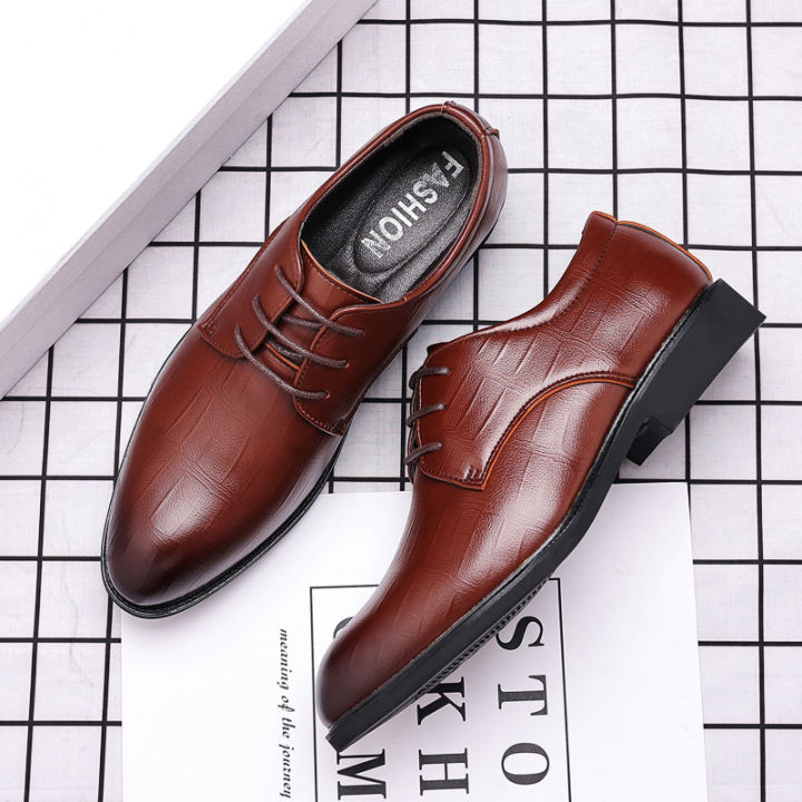 British Business Pointed Men's Leather Shoes Casual Trend Men's Shoes Formal Lace-up Korean Style Men's Wedding Shoes