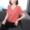 Chiffon women's summer wear 2024 new style, stylish and age reducing temperament, lotus leaf sleeve small shirt for middle-aged mothers, short sleeved top. 