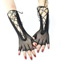 Women Gloves Long Fishnet Mesh Gloves Arm Sleeve Lace Bandage Half-Finger Gloves Satin Ribbon Ties Up Cool Gothic Punk Gloves. 