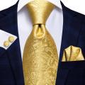 Hi-Tie Luxury Yellow Gold Plaid Paisley Silk Wedding Necktie For Men Fashion Mens Tie Gravatas Gift Business Party Dropshipping.