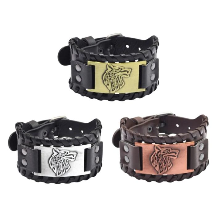 Alien Mens Bracelet Wristband Norse Viking Leather Wolf Head Bracelet Brown Norse Celtic Punk Fenrir Arm Ring For Men