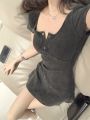 American Washed and Worn Hot Girl Black Dress Summer u Collar Short Sleeve Retro Slim Fit Slimming a Line Skirt Short Skirt Fashion. 