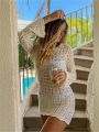 Boho Summer Backless Tie-up Mini Beach Dress Holiday Women Long Sleeve Round Neck Hollow Out Knitted Mini Dress Bikini Cover-ups.